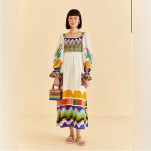 Farm Rio Maxi Dress Colorful Forest Tie Embroidered  Beading NWT NEW